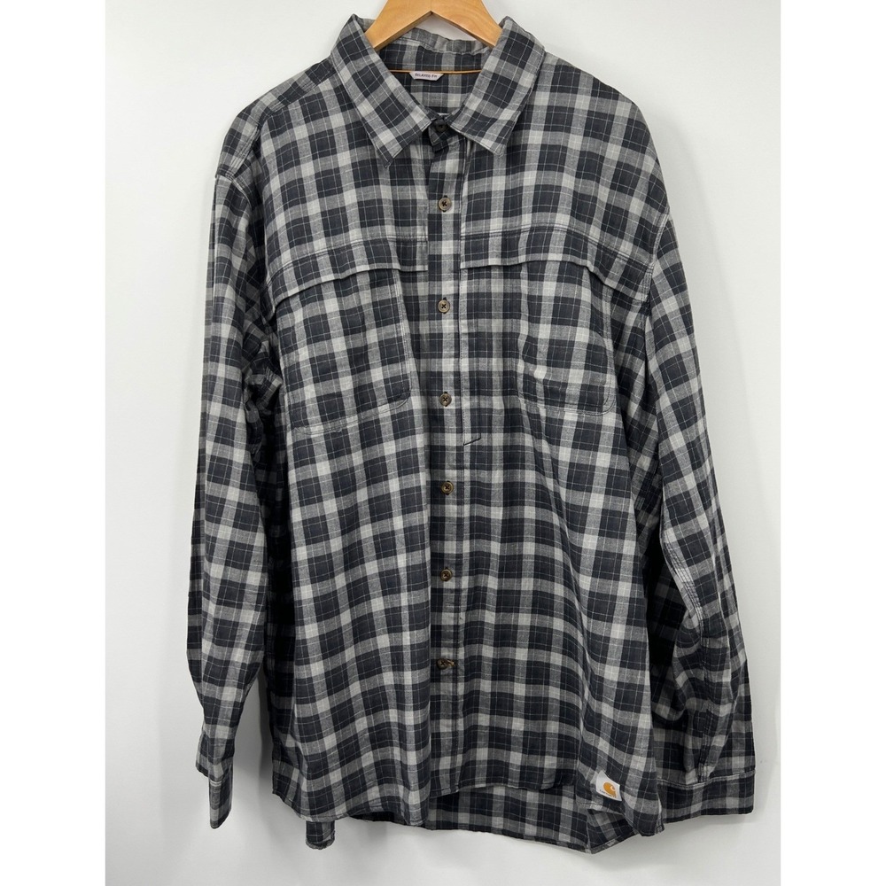 Carhartt Force Relaxed Fit Plaid Long Sleeve Button Up Shirt Mens 2XL Gray Black